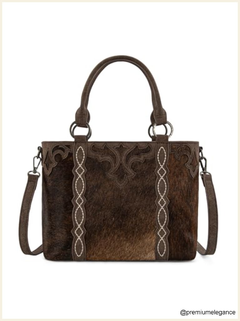 Genuine Hair-On Cowhide Western Tote Bag With Top Zipper Closure